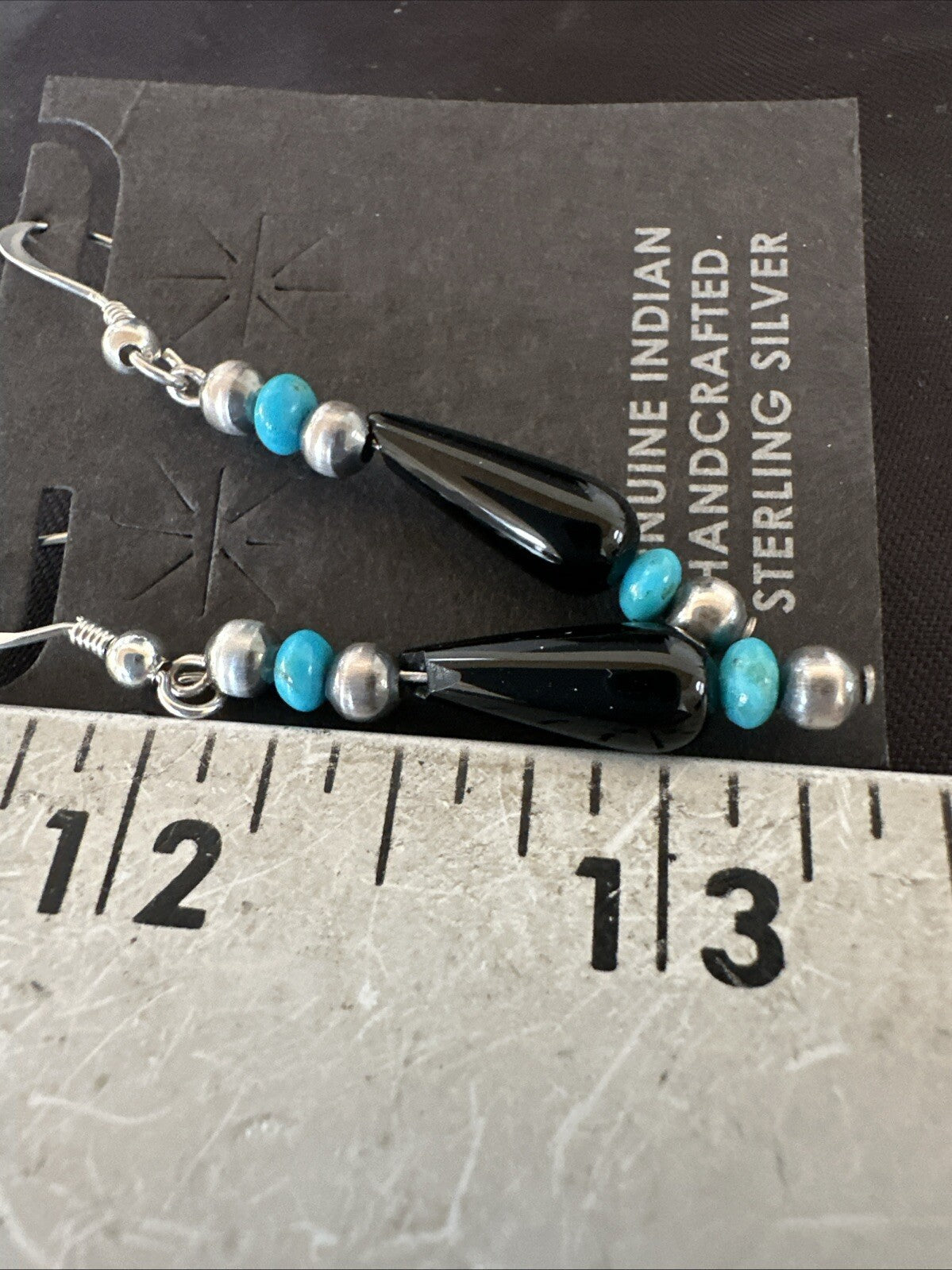 Navajo Sterling Silver Blue Turquoise Black Onyx Bead Dangle Earrings 18645