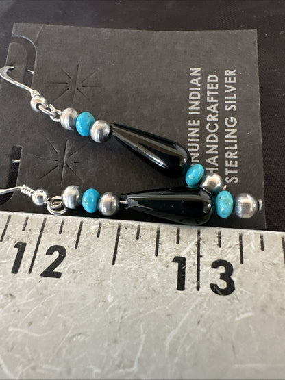 Navajo Sterling Silver Blue Turquoise Black Onyx Bead Dangle Earrings 18645