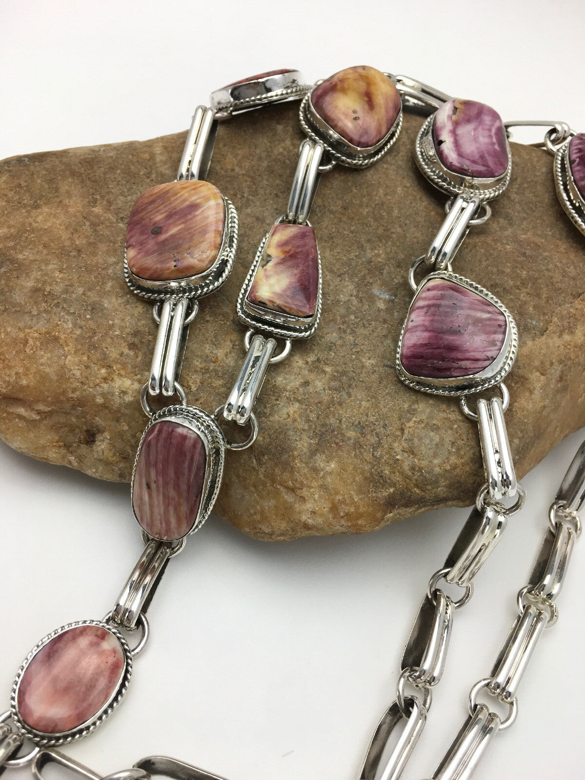 Native LARIAT Purple Spiny Oyster Necklace Navajo Sterling Silver 02793