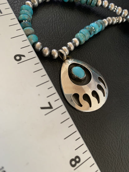 Bear Paw Navajo Sterling Silver Blue Kingman Turquoise Necklace Pendant 11693