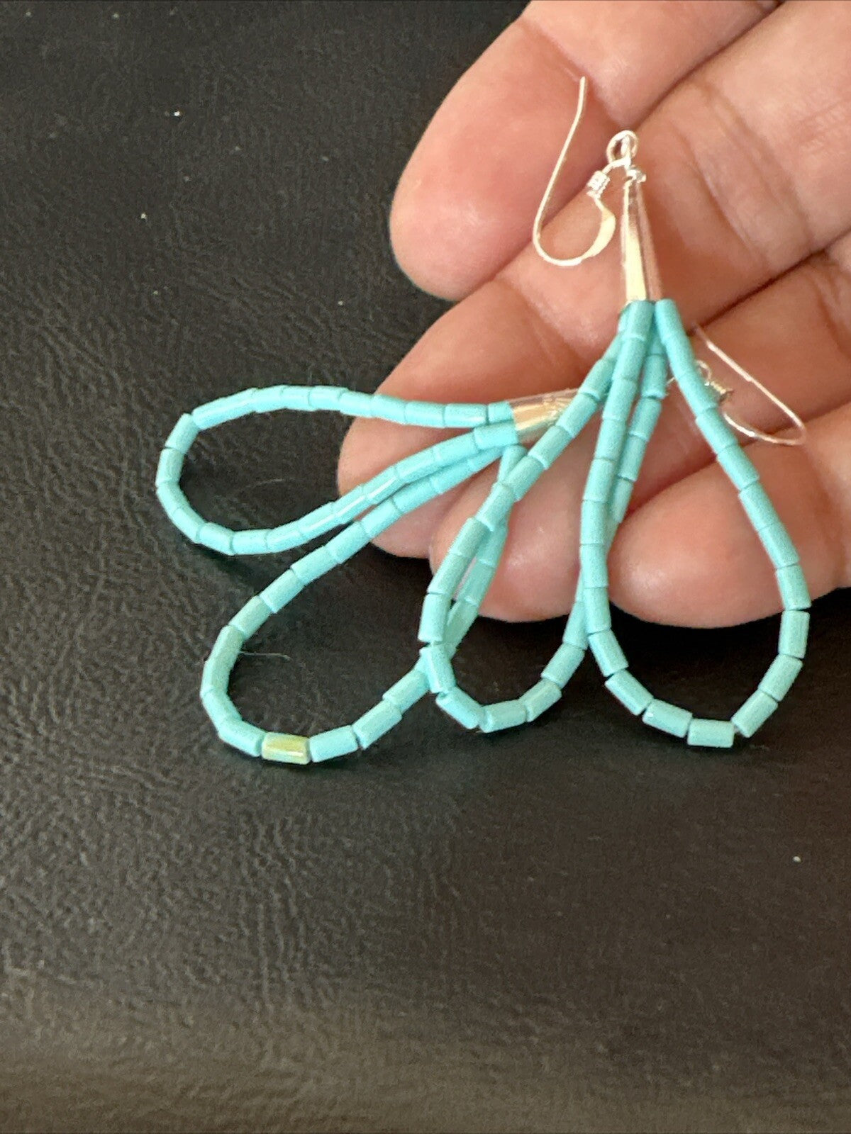 Heishi Dangle Blue Turquoise Sterling Earrings 2” 17955
