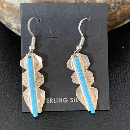 Blue Turquoise Sterling Silver Navajo Handmade Inlay Feather Earrings 13063