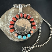Coin Pendant Red Spiny Oyster Turquoise Navajo Necklace | Sterling Silver | Authentic Native American Handmade | 17924