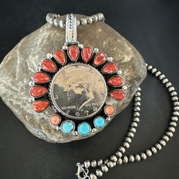 Coin Pendant Red Spiny Oyster Turquoise Navajo Necklace | Sterling Silver | Authentic Native American Handmade | 17924