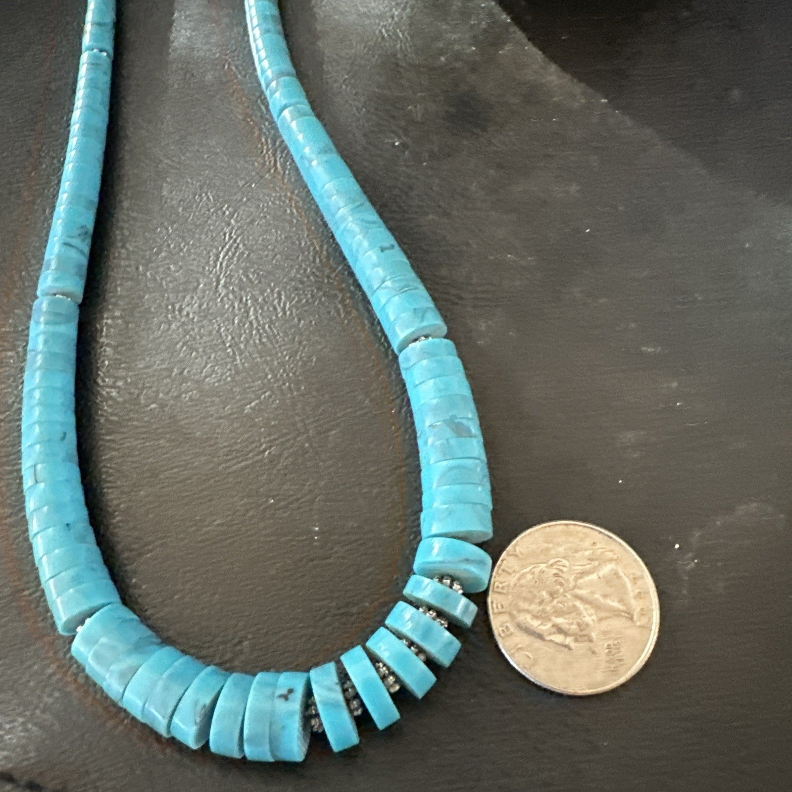 Blue Robin Egg Turquoise Heishi Stabilized Graduated Sterling 23” Necklace 19725