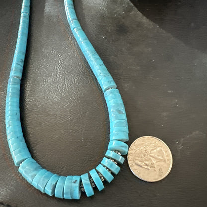 Blue Robin Egg Turquoise Heishi Stabilized Graduated Sterling 23” Necklace 19725