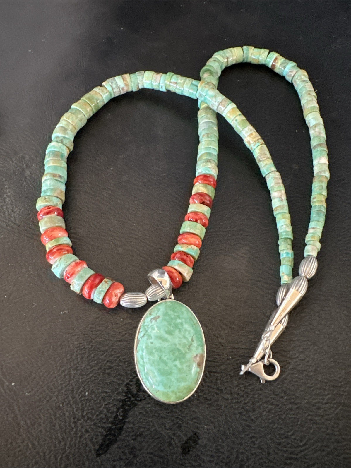 Green Turquoise Pendant Spiny Navajo Sterling Silver Heishi Necklace 21" 19204