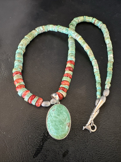 Green Turquoise Pendant Spiny Navajo Sterling Silver Heishi Necklace 21" 19204