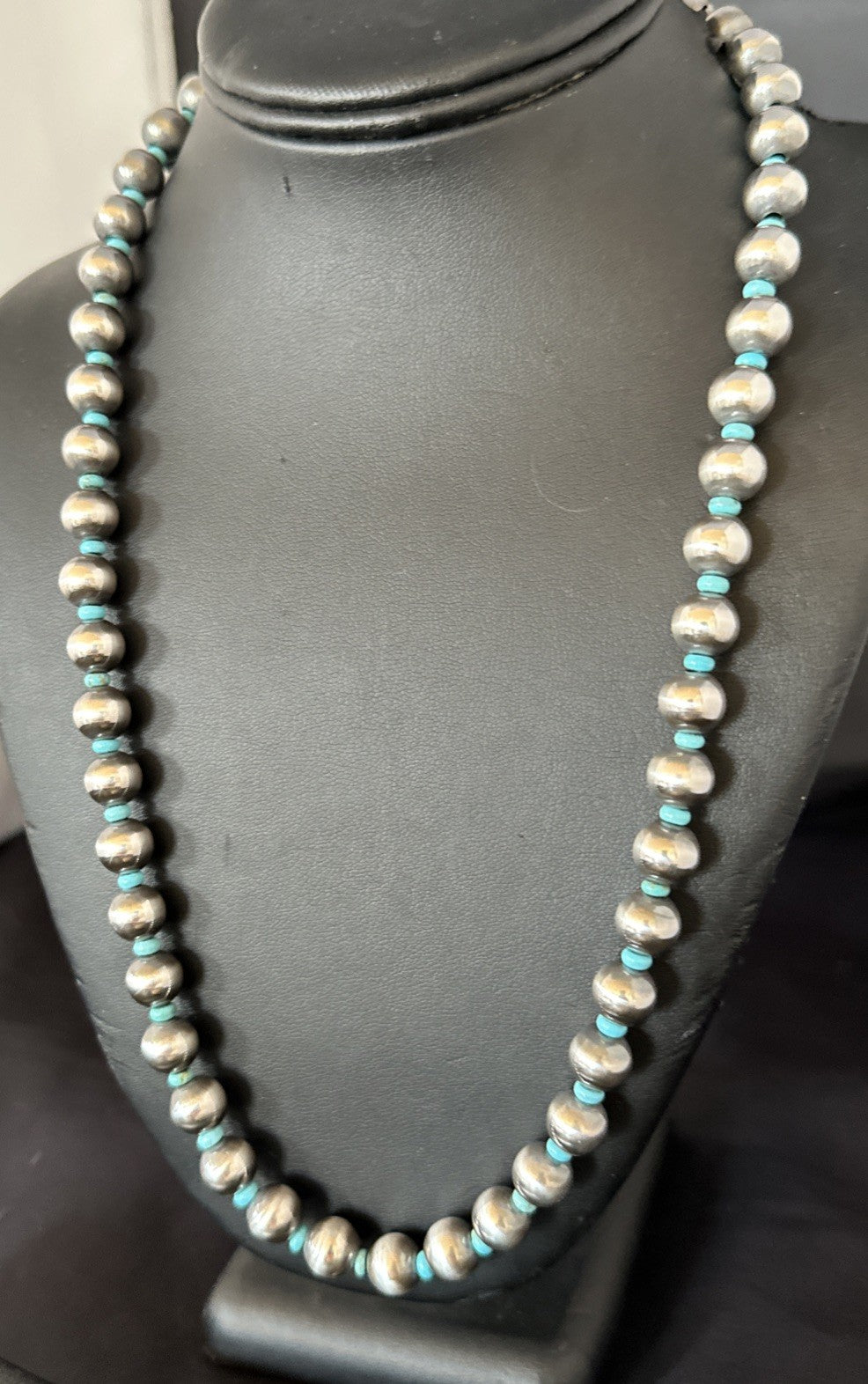 Blue Turquoise 10mm Round Sterling Silver Beads Necklace 24” 92408