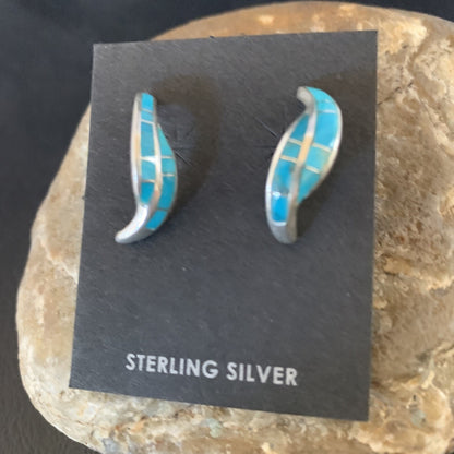 Blue Turquoise Southwestern Zuni Sterling Silver Inlay Hoop Earrings 0.75" 13022