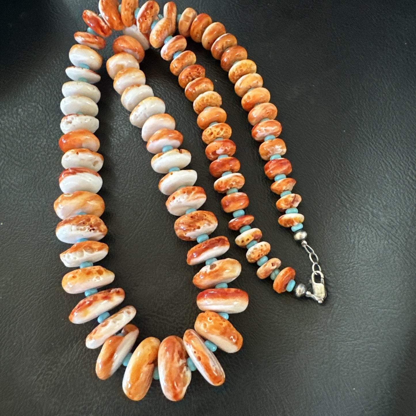 Orange Spiny Oyster Blue Turquoise Navajo Sterling Silver Necklace 25" 18089