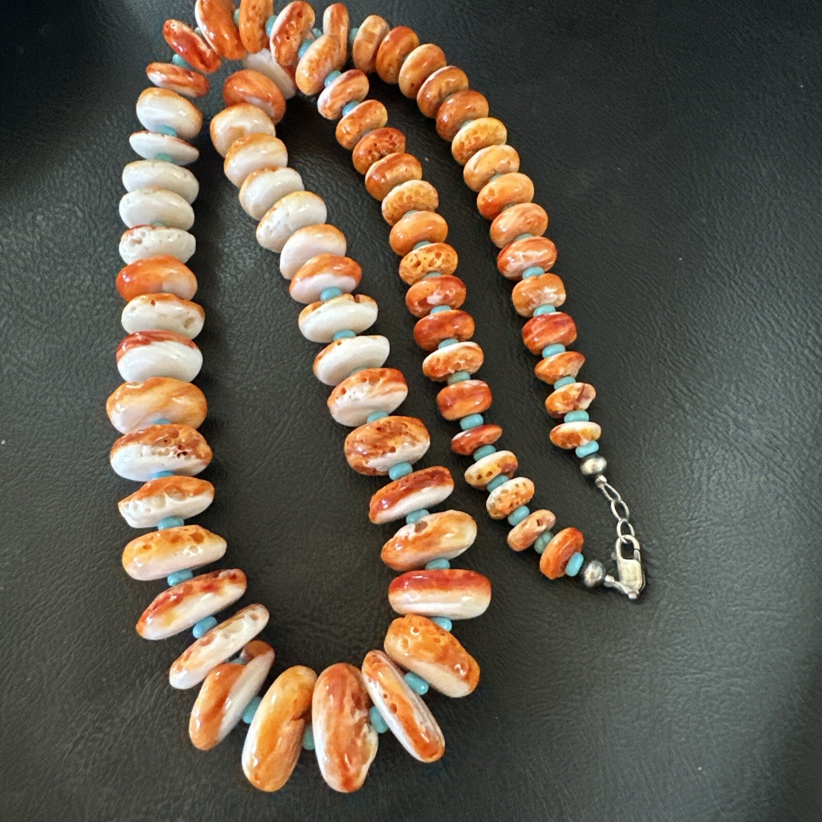 Orange Spiny Oyster Blue Turquoise Navajo Sterling Silver Necklace 25" 18089