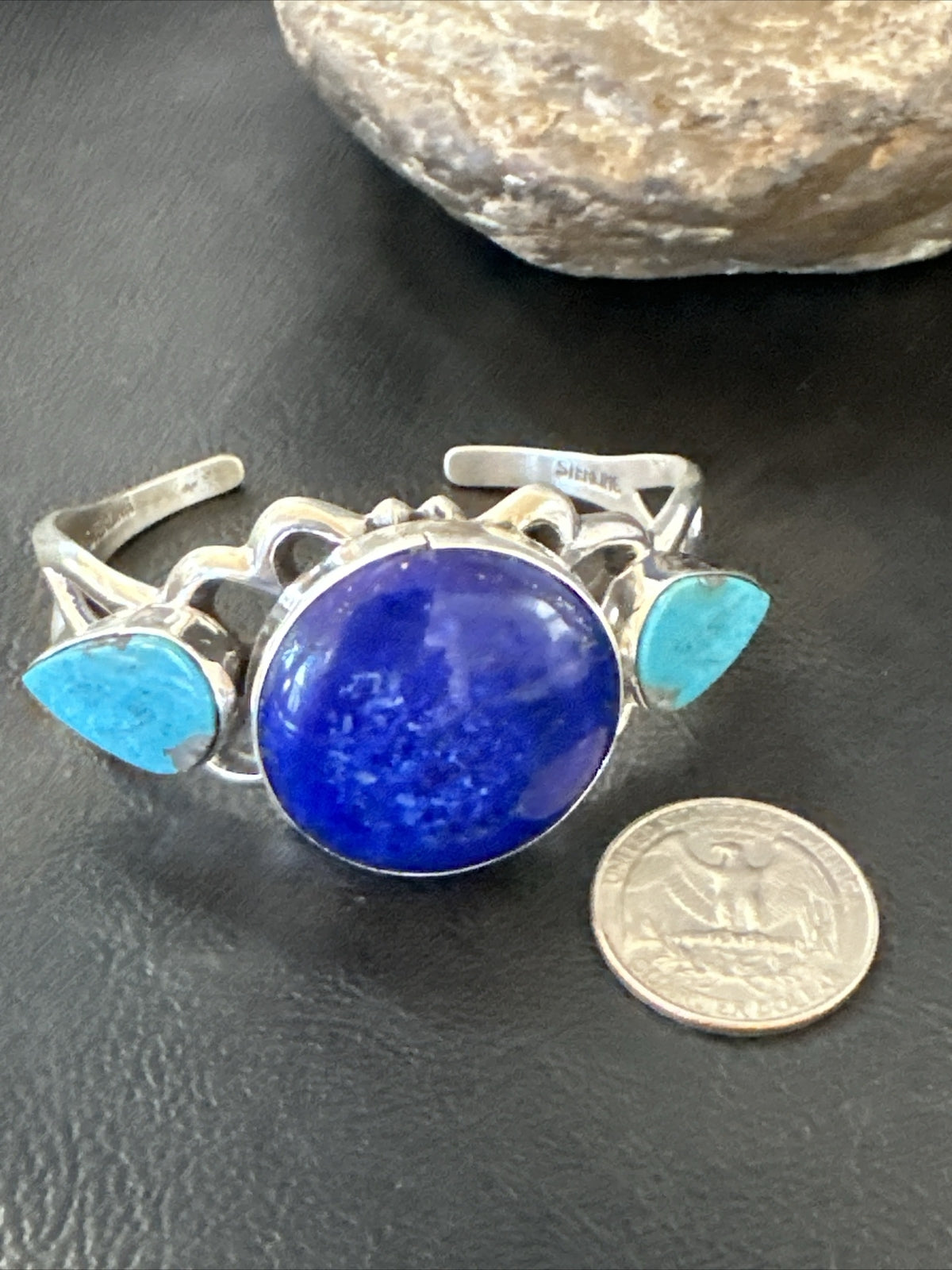 Kingman Turquoise Lapis Navajo Sterling Silver Tufa Cast Cuff Bracelet 17984