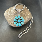 Blue Turquoise Navajo Cluster Round Pendant Necklace 2" | Sterling Silver | Authentic Native American Handmade | 19316
