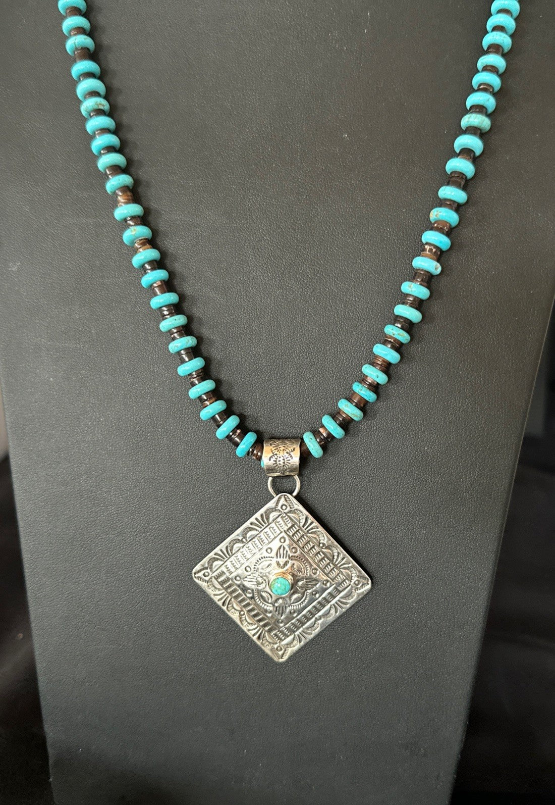 Navajo Blue Turquoise Stamped Pendant Shell Sterling Silver 25” Necklace 19708