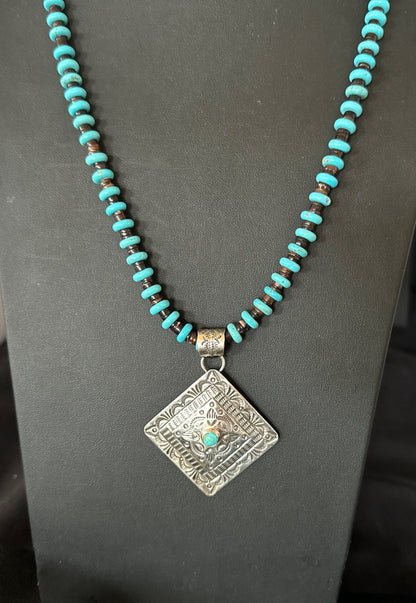 Navajo Blue Turquoise Stamped Pendant Shell Sterling Silver 25” Necklace 19708