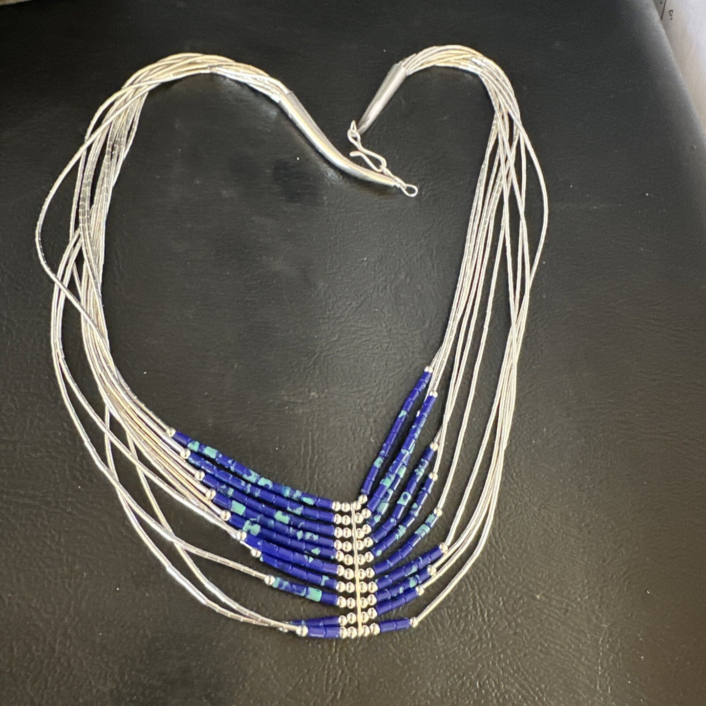 Blue Green Azurite Heishi 10Strand Stabilized Sterling Silver Necklace 18" 15135