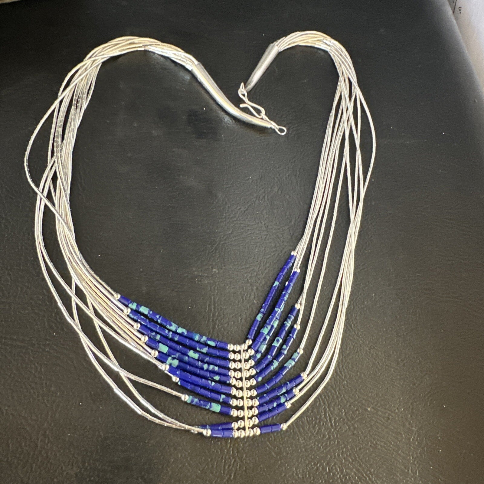Blue Green Azurite Heishi 10Strand Stabilized Sterling Silver Necklace 18" 15135