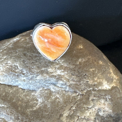 Orange Heart Ring Handmade Navajo Spiny Oyster Sterling Silver Sz 8.5 19328
