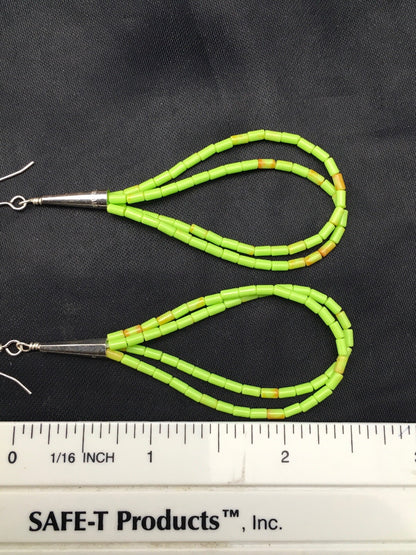 Gift Liquid Silver Heishi Dangle Green Gaspeite Sterling 2S Earrings 2.5” 4370
