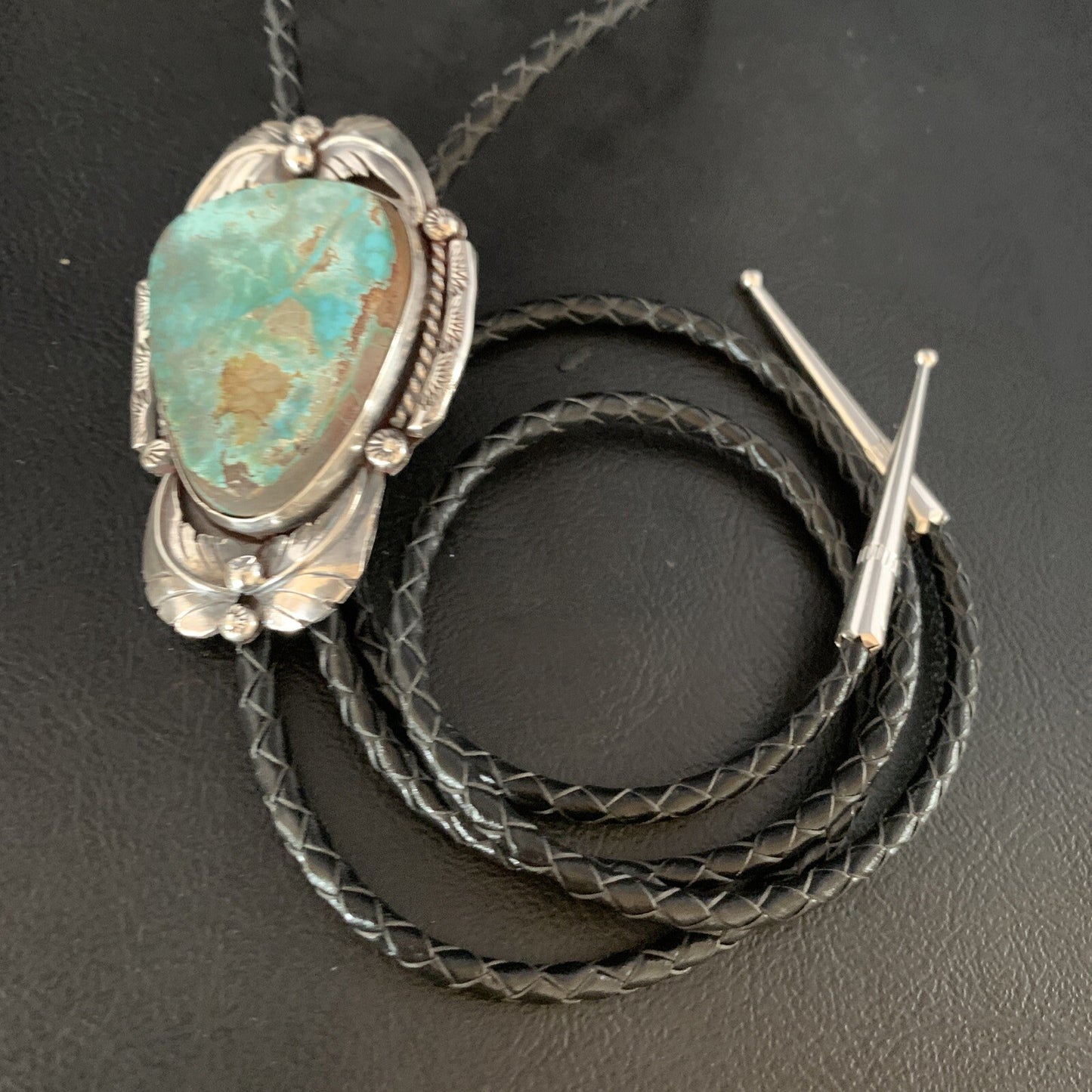 Native Mens Bolo Tie Green Royston Turquoise Sterling Silver Navajo 14108N