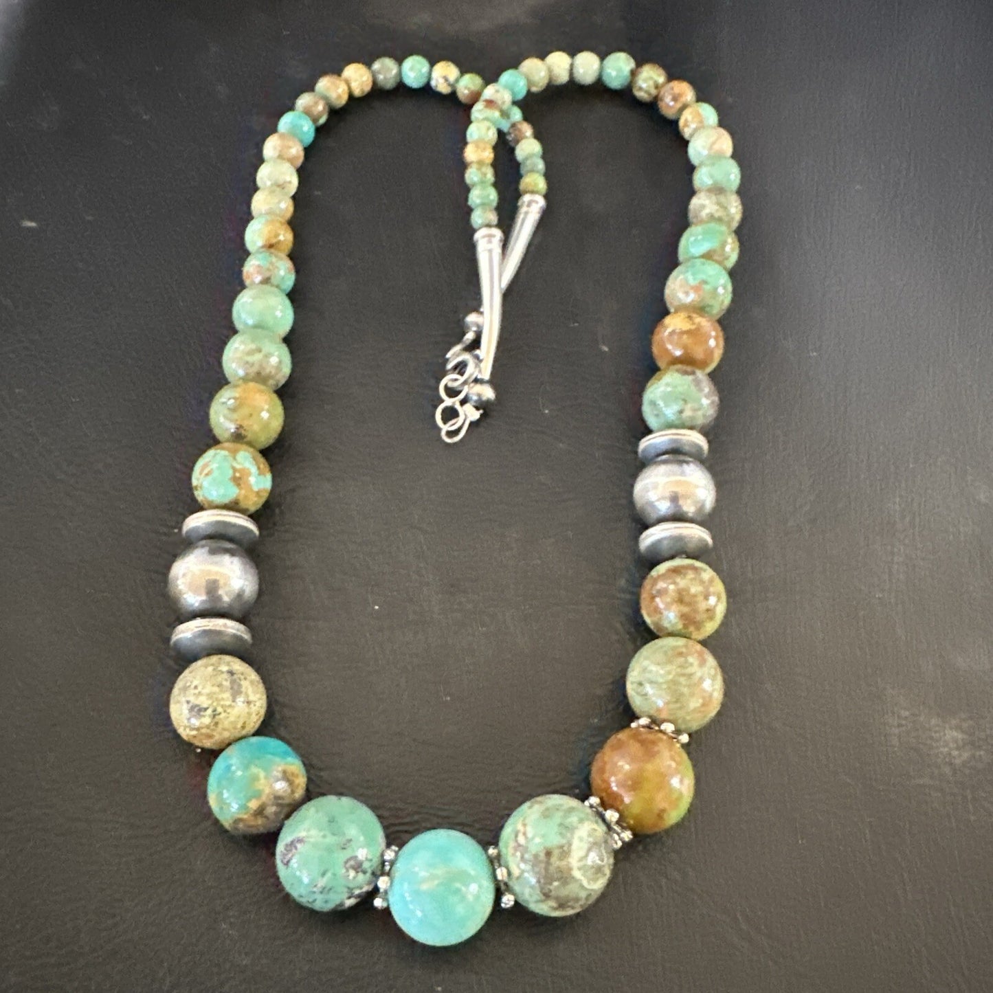 Green Turquoise Graduated Navajo Sterling Silver Necklace 21” 17782