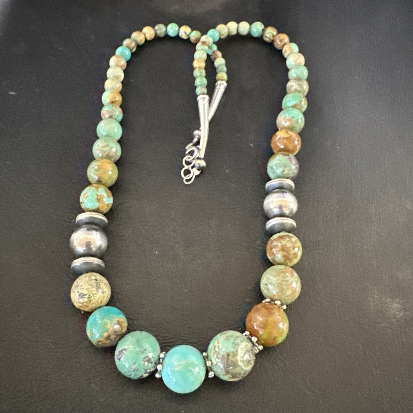 Green Turquoise Graduated Navajo Sterling Silver Necklace 21” 17782