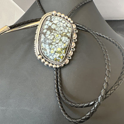 Mens BOLO TIE WHITE BUFFALO TURQUOISE Sterling Silver Navajo 2.7”19595