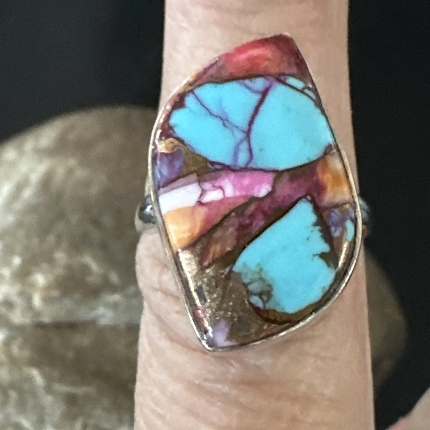 Blue Turquoise Spiny Oyster Southwestern Sterling Silver Ring Size 8 18441
