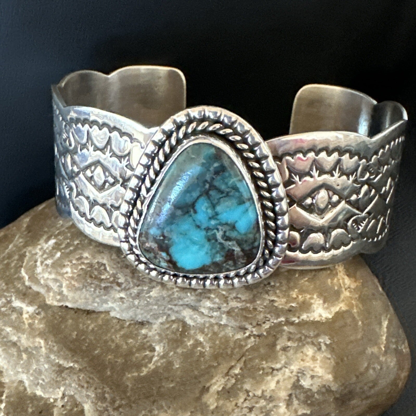 Navajo Blue TURQUOISE Stamped Sterling Silver Cuff Bracelet 8.3" 18716