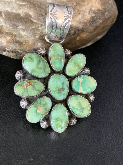 Green Sonoran Gold Turquoise Navajo Sterling Silver Cluster Pendant 14070