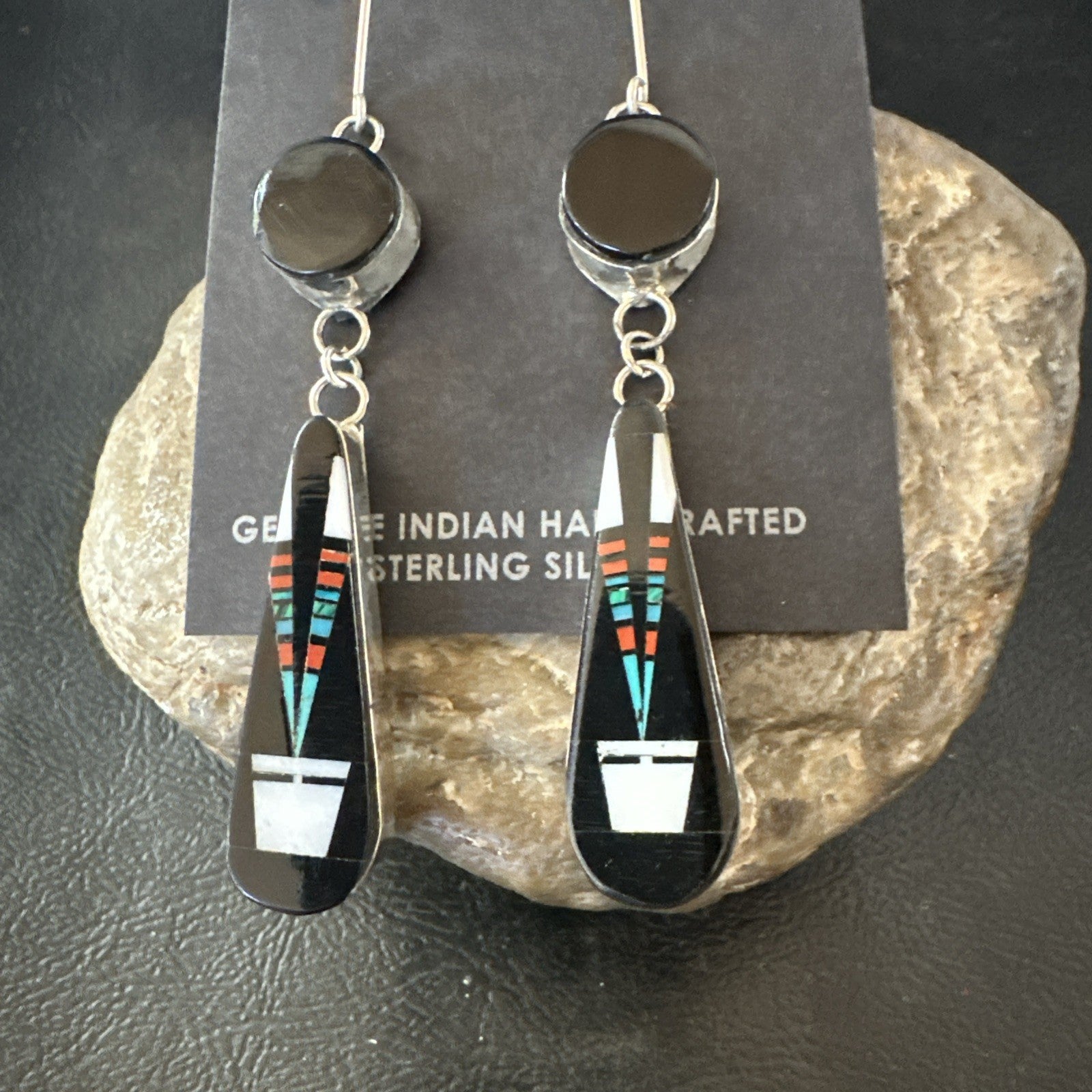 XL Navajo Onyx Turquoise Coral Inlay Earrings Sterling Silver Handmade 19774