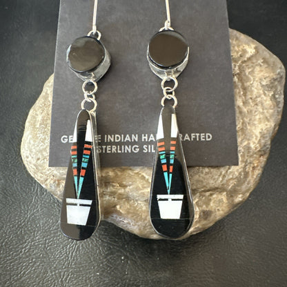 XL Navajo Onyx Turquoise Coral Inlay Earrings Sterling Silver Handmade 19774