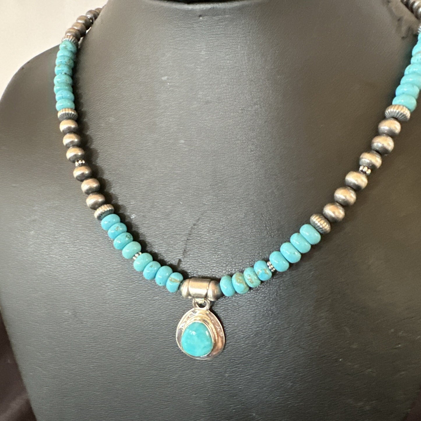 Mens Blue Kingman Turquoise Pendant Navajo Sterling Silver Necklace 21" 17904