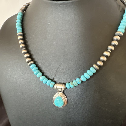 Mens Blue Kingman Turquoise Pendant Navajo Sterling Silver Necklace 21" 17904