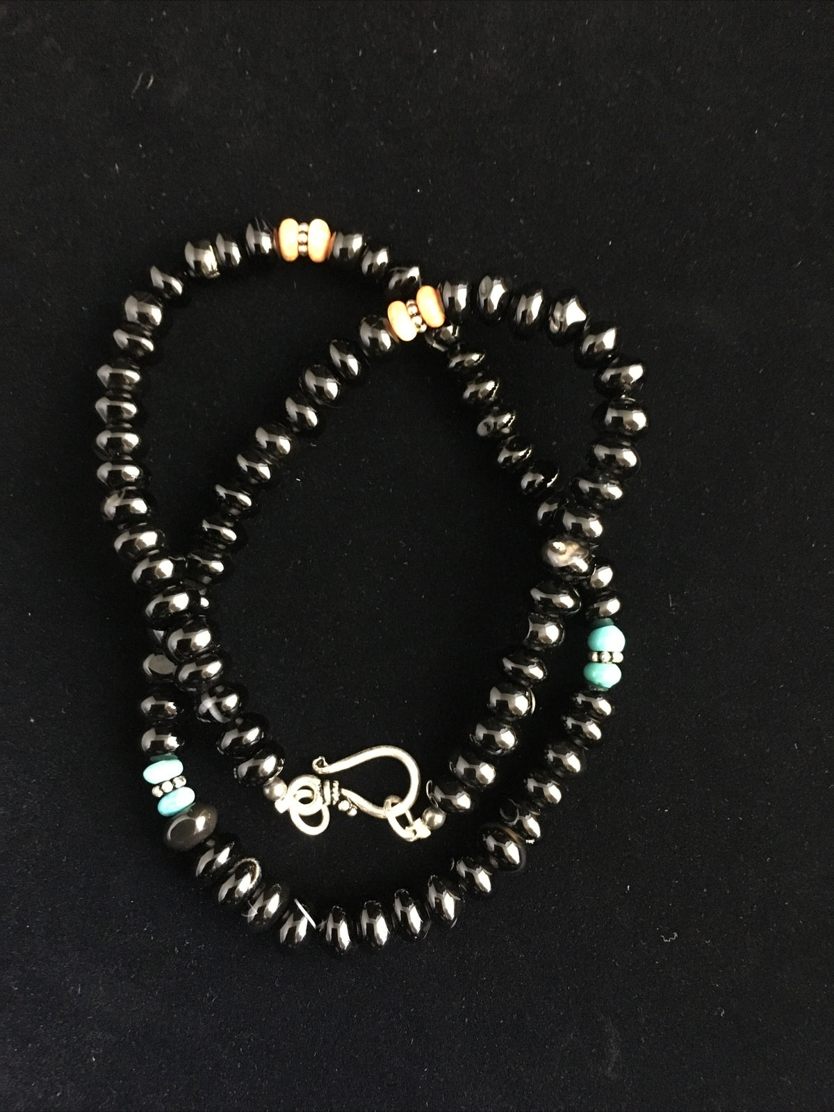Black Onyx & Turquoise Navajo Sterling Silver Necklace 18" 10022