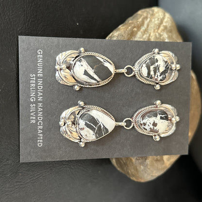 Women Navajo White Buffalo Turquoise Sterling Silver Dangle Earrings 2.5" 14743N