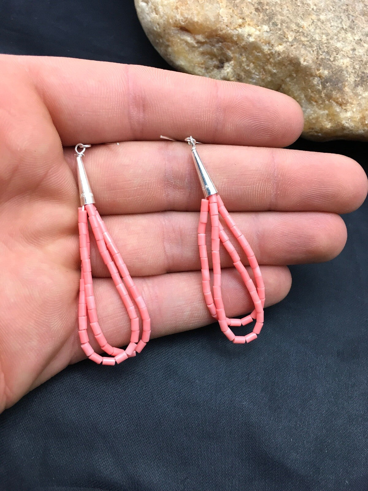 Pink Coral Heishi Liquid Sterling Silver Dangle 2 Strand Earrings 04398