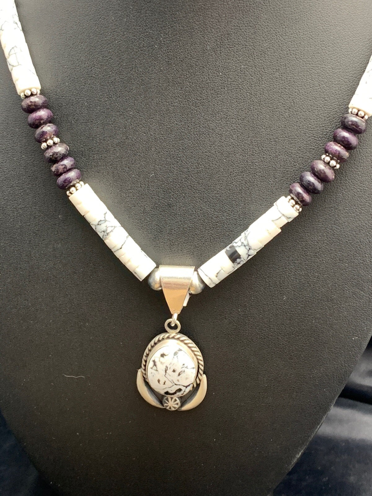 Native  Purple Stone & Howlite Bead Navajo Sterling Silver Necklace 04606