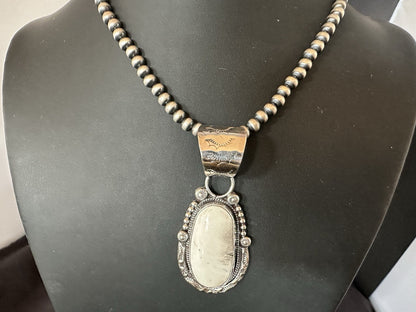 White Buffalo Turquoise Pendant Navajo Pearls Sterling Silver Necklace 19374