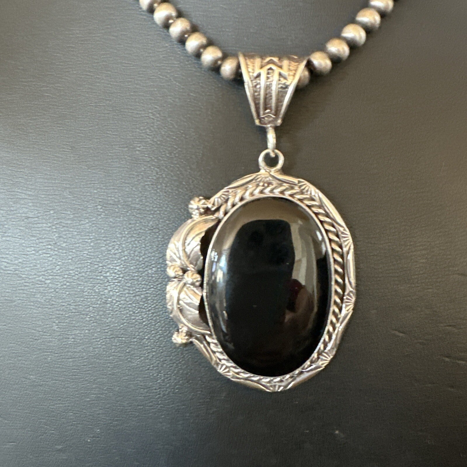 Mens Womens Black Onyx Pendant Navajo Sterling Silver Beads Necklace 18305