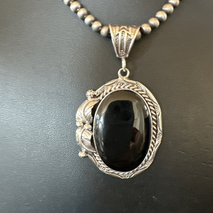 Mens Womens Black Onyx Pendant Navajo Sterling Silver Beads Necklace 18305