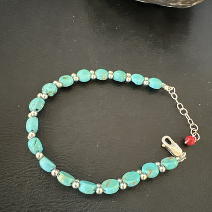 Womens Blue Turquoise Bead Southwestern Sterling Silver Link Bracelet 8" 17976