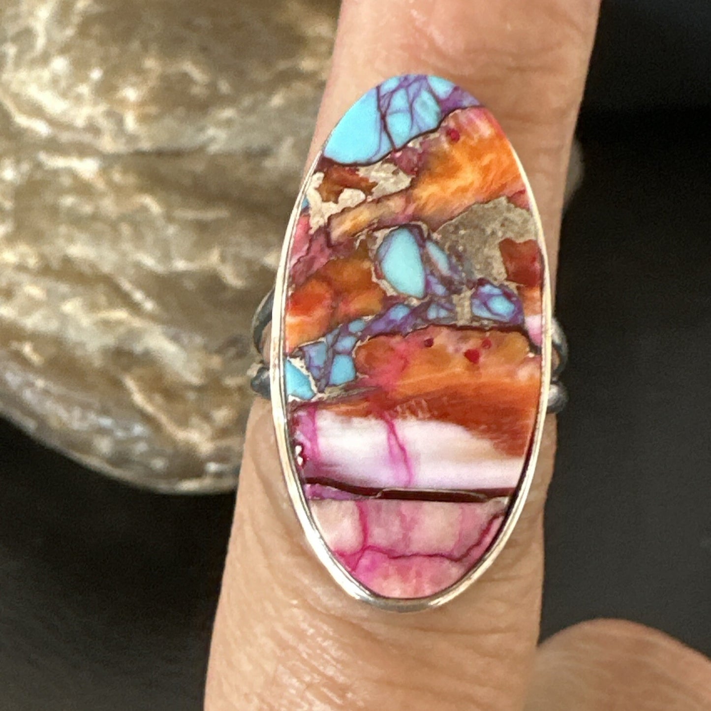 Blue Turquoise Orange Spiny Oyster Navajo Sterling Silver Ring Size 7 18212