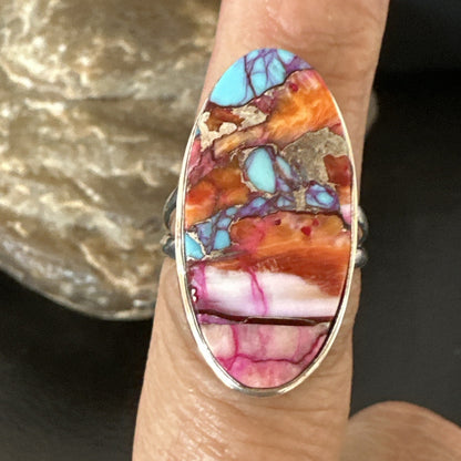 Blue Turquoise Orange Spiny Oyster Navajo Sterling Silver Ring Size 7 18212