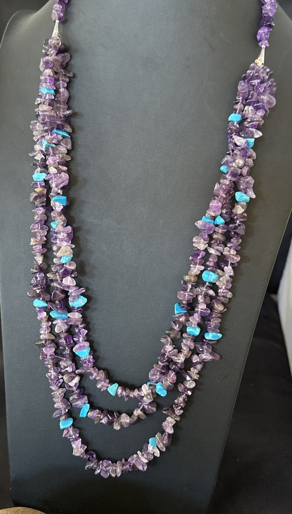 NAVAJO Purple Amethyst Blue Turquoise 3S Silver Necklace 30" | Sterling Silver | Authentic Native American Handmade | 19569