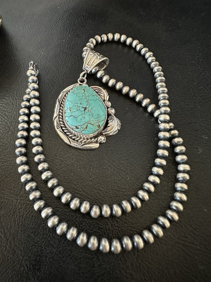 Blue Turquoise #8 Pendant Navajo Pearls Sterling Silver Necklace 19388