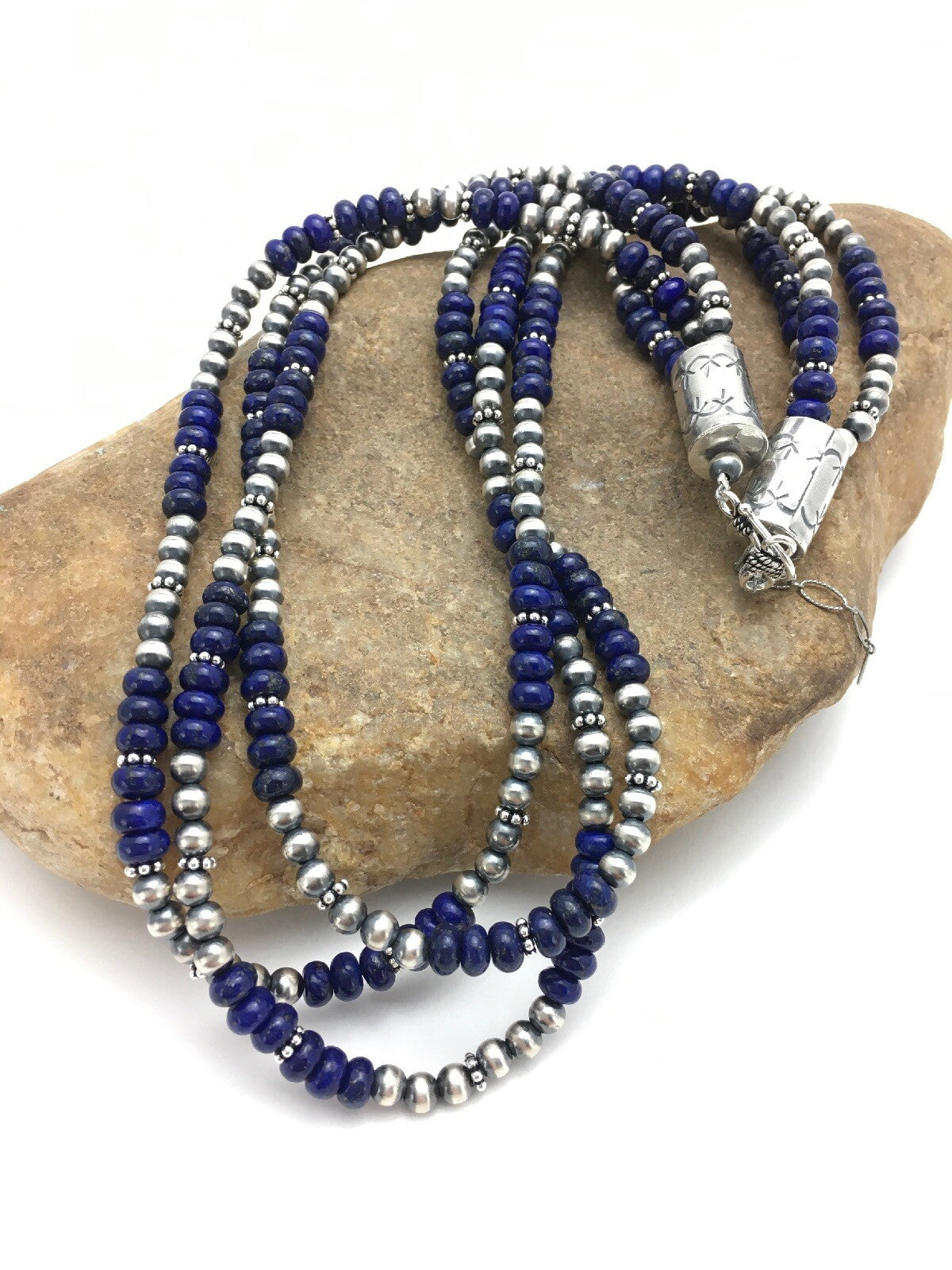 Blue Lapis Lazuli 3 Strands Navajo Sterling Silver Beads Necklace 02926