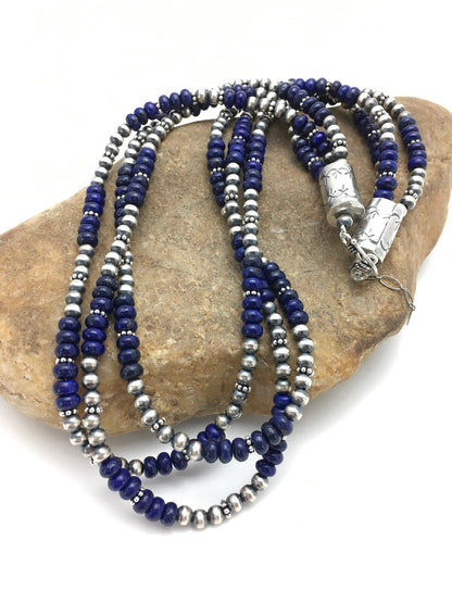 Blue Lapis Lazuli 3 Strands Navajo Sterling Silver Beads Necklace 02926