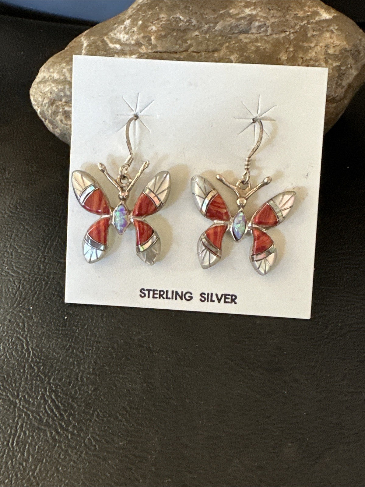 Butterfly Multicolor Red Spiny MOP Inlay Sterling Silver Earrings 19817